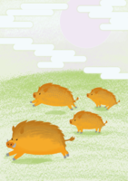 New Year's card background of the boar running in the Japanese-style meadow