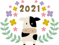 前向き(正面)の牛のまわりに花や葉や2021-かわいい丑年