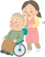 Housewife pushing grandpa's wheelchair gets tired from nursing care / elderly-elderly