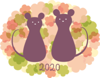 重なる花の中に2匹のねずみ(ネズミ-鼠)かわいい子年(2020)
