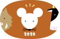 いのししと牛の顔の間にねずみ(ネズミ-鼠) の顔-かわいい2019亥年〜2020子年に移り変わる
