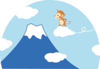 かわいい猿-年賀状-富士山の上を飛ぶ