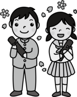 男の子と女の子が卒業証書を持ち笑顔のモノクロ白黒