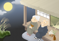 Elderly couple watching the moon on the veranda of an old folk house-Background