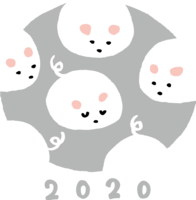 グレーの楕円の中にたくさんの白く塗りつぶされた-ねずみ(ネズミ-鼠)2020の文字-子年(