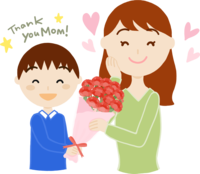 Boy and mother (middle-aged 30s) holding carnations on Mother's Day