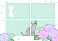 Background illustration of a cat looking at a hydrangea and a teru teru bozu by the window in the rain / rainy season