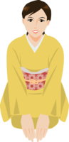 A woman in a kimono sitting upright and welcoming you