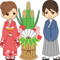 Kadomatsu and men and women in kimono
