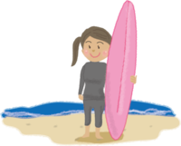 サーフィンボードを持つかわいい女性／海