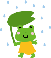 Cute rainy season of a frog holding a leaf umbrella