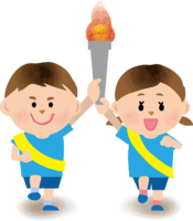 子供2人が聖火の持って走っている運動会