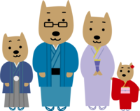 A family of four dogs in kimono cute 2018 year