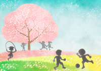 background of cherry tree and cute child silhouette