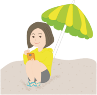 Cute woman operating a smartphone under a parasol on Natsumi Beach