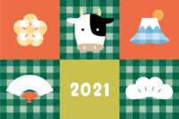 六个方块里有牛(正面脸)、吉祥物和2021丑年