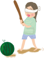 Cute illustration of a woman splitting watermelon / Summer vacation