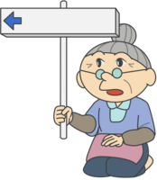 Grandma holding a sign facing left