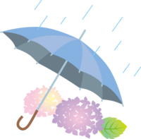 雨とあじさいと青い傘のかわいい梅雨