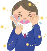 Schoolgirl hay fever-Illustration (mask-sneezing-snot-itching eyes)
