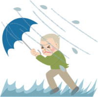 Cute illustration of an old man who is likely to be blown away by a typhoon storm / Summer
