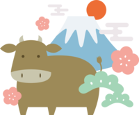 Cow, Mt. Fuji, pine and plum-Cute 2021-Ox year