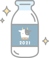 2021と牛(正面の顔)の顔が描かれた牛乳瓶-かわいい丑年
