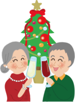 クリスマスツリーの前で乾杯するおじいちゃんおばあちゃん