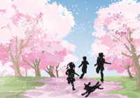 Silhouettes of children playing with dogs and spring landscape background