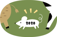いのししと牛の足の間で歩くねずみ(ネズミ-鼠) -かわいい2019亥年〜2020子年に移り変わる