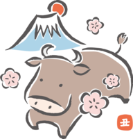 Brush drawing style-Cow, Mt. Fuji and plum-Cute 2021-Ox year