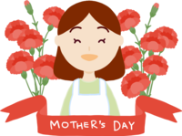 カーネーションの花束とお母さんと赤いリボン帯の母の日タイトル