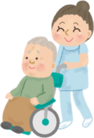 Illustration of a grandfather riding in a wheelchair and being cared for by a nurse / elderly-elderly