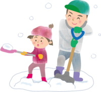 雪かきをするお父さんと女の子