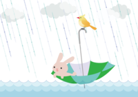 Background illustration of a rabbit and a bird riding an umbrella in the rain floating on the surface of the water / rainy season