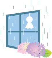 窓と雨とあじさいとてるてる坊主のかわいい梅雨