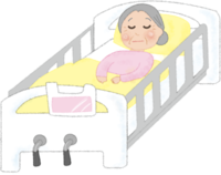 おばあちゃんが病院のベッドで寝ているイラスト／病院