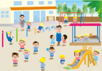 保育園の園庭で遊ぶ大勢の子供達の保育園