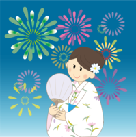 A woman holding a fan and watching a fireworks display in a yukata