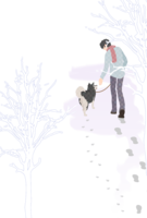 犬と散歩する冬の散歩道-和風背景