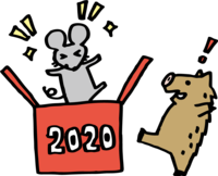 2020と書かれた箱からねずみ(ネズミ-鼠) が出て来て驚くいのしし-かわいい2019亥年〜2020子年に移り変わる