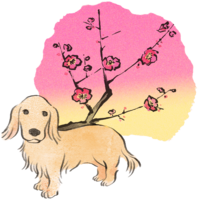 Year of the Dog-Canine Hen-Dachshund Japanese Style (Plum) 2018 Zodiac Illustration-Landscape