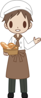 'Welcome' while a male bakery clerk is carrying bread