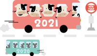 ねずみのバスとすれ違う牛が乗った2021のバス-2020子年(ネズミ)～2021-丑年(牛)に年が変わる
