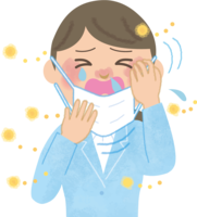 Pollinosis of office worker (female)-Illustration (mask-sneezing-snot-itching eyes)