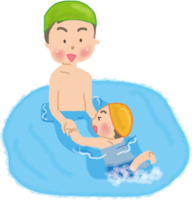泳ぎ方を教えるかわいいお父さん／海プール