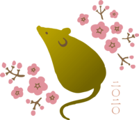 金色っぽい-ねずみ(ネズミ-鼠)と梅の枝-2020子年