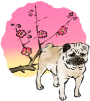 Year of the dog-Pug Japanese style (plum) 2018 Zodiac illustration-Front