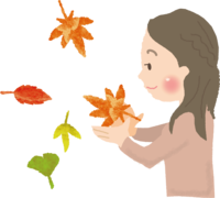 散る紅葉のもみじの葉を持つ女性達イラスト／秋