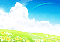 リアル綺麗な夏の積乱雲(入道雲)空におしゃれな青空と虹と草原の背景